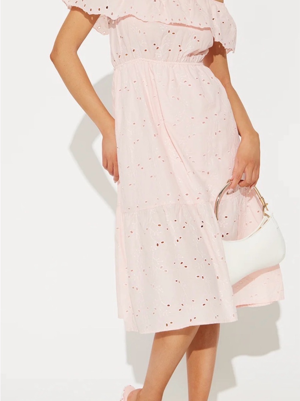 Off-Shoulder Eyelet Midi Dress in Light Pink - Picture 2 of 3